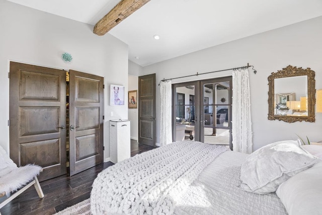 bedroom with dark hardwood / wood-style flooring, access to outside, french doors, and lofted ceiling with beams