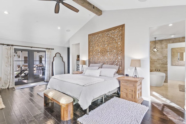 bedroom with ceiling fan, access to outside, lofted ceiling with beams, dark wood-type flooring, and french doors