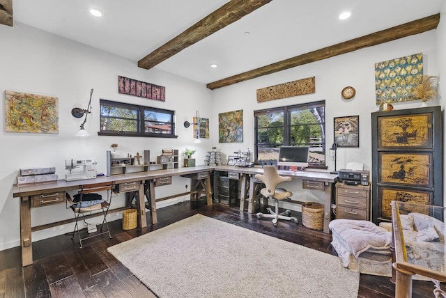 office with dark hardwood / wood-style floors and beamed ceiling