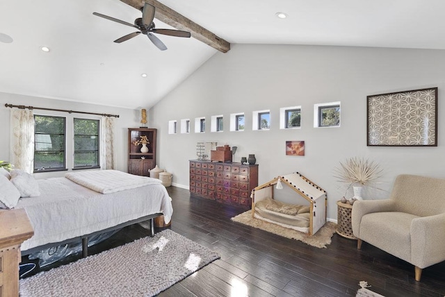 bedroom with ceiling fan, dark hardwood / wood-style floors, high vaulted ceiling, and beamed ceiling