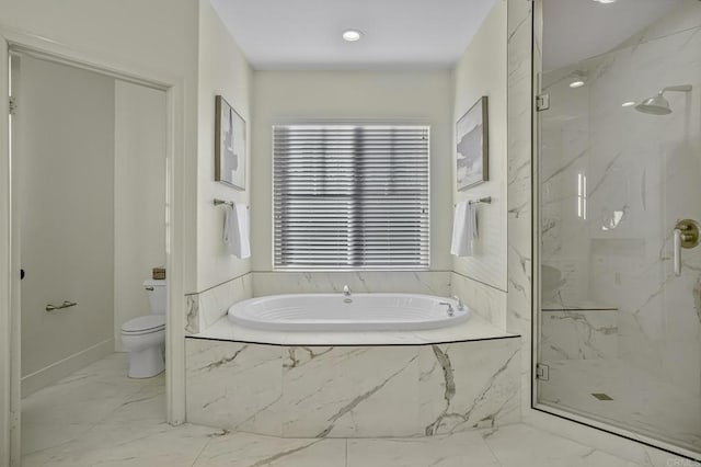 full bathroom with a garden tub, toilet, marble finish floor, and a marble finish shower