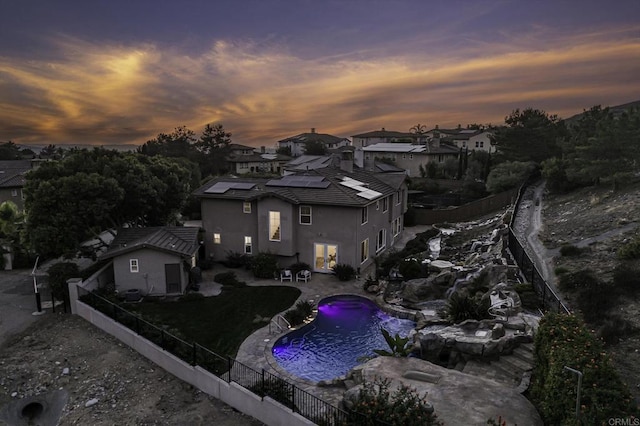 view of aerial view at dusk