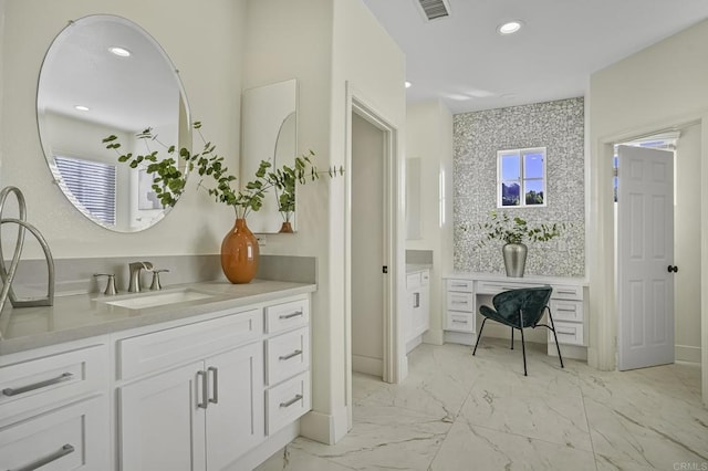 bathroom with visible vents, backsplash, recessed lighting, marble finish floor, and vanity