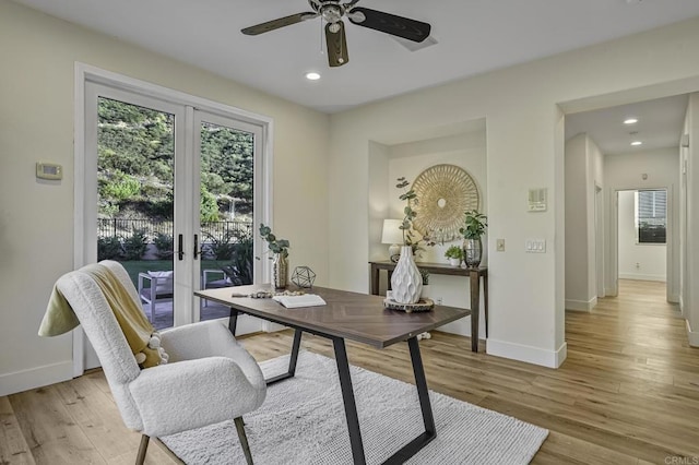 home office with recessed lighting, light wood-type flooring, baseboards, and french doors