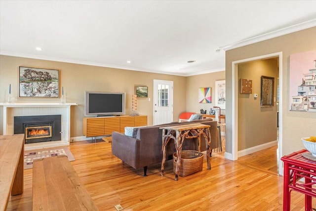 living room with crown molding and light hardwood / wood-style flooring