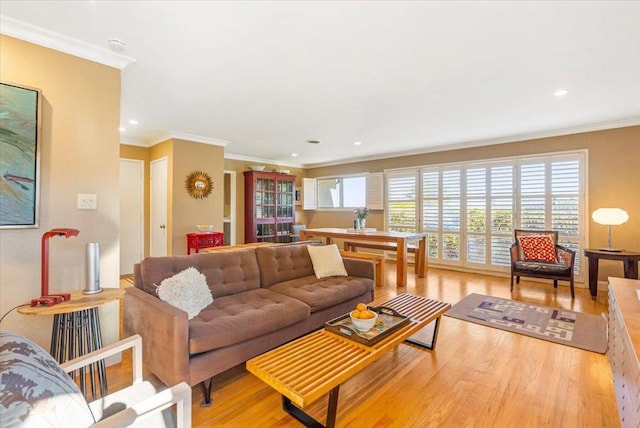 living room with light wood-type flooring and crown molding