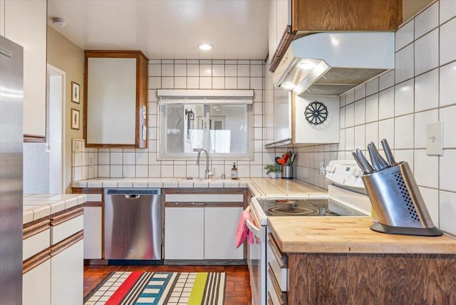 kitchen featuring sink, white cabinetry, exhaust hood, decorative backsplash, and stainless steel appliances