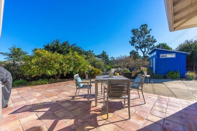 view of patio / terrace with a shed