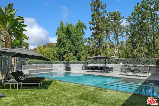 view of pool featuring a patio area and a lawn