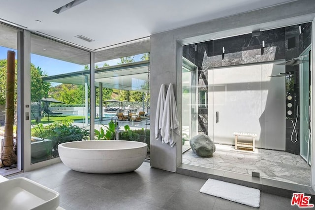 bathroom with a washtub and expansive windows