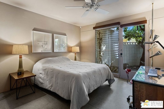 bedroom featuring ceiling fan and access to exterior