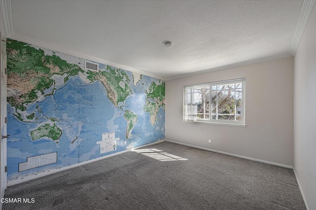 carpeted empty room featuring a textured ceiling and crown molding