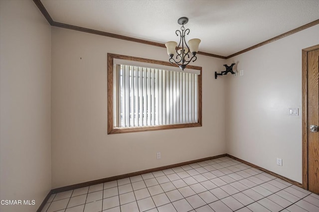 empty room featuring ornamental molding, a notable chandelier, and light tile patterned floors