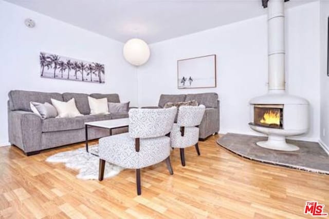 living room featuring hardwood / wood-style flooring and a wood stove