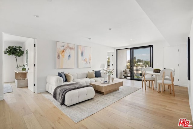 living room featuring light hardwood / wood-style flooring and floor to ceiling windows