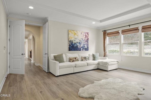 living room featuring a raised ceiling, crown molding, and light wood-type flooring