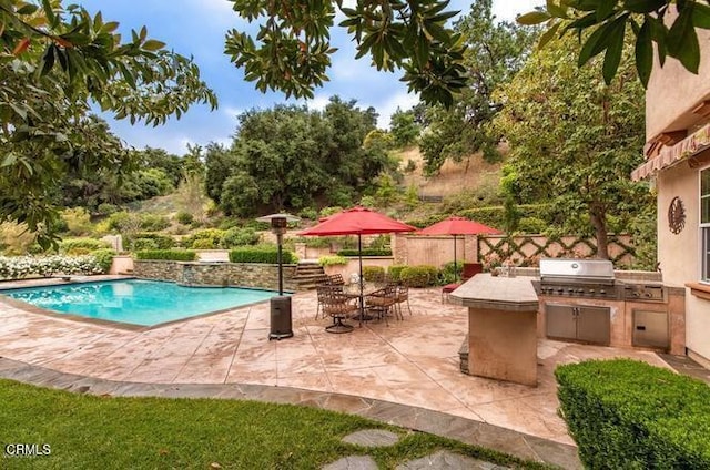 view of pool featuring exterior kitchen, a patio, and grilling area