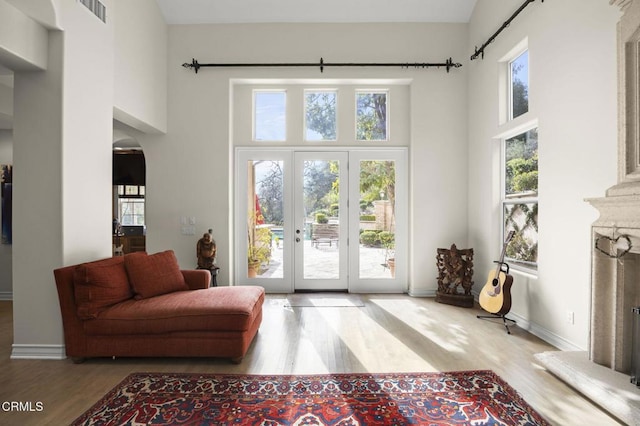 entryway with plenty of natural light, light hardwood / wood-style flooring, and a high ceiling