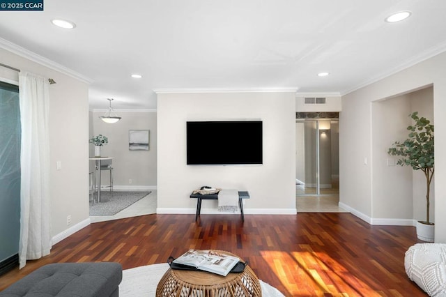 living room with ornamental molding and dark wood-type flooring