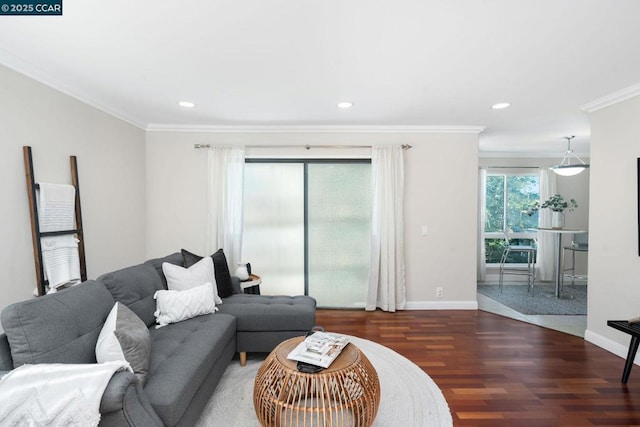 living room featuring dark hardwood / wood-style flooring and ornamental molding