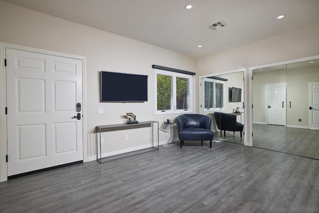 living area featuring dark wood-type flooring