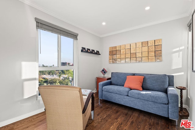 living room featuring dark wood-type flooring and crown molding