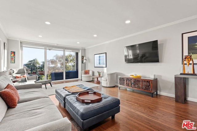 living room featuring wood-type flooring and crown molding