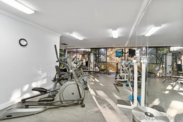 workout area with floor to ceiling windows and ornamental molding