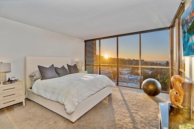 carpeted bedroom featuring a wall of windows