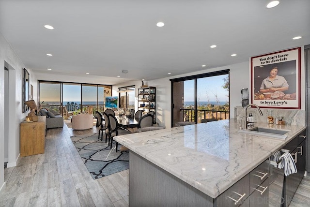 kitchen with backsplash, light stone counters, sink, and light hardwood / wood-style flooring