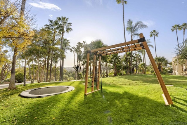 surrounding community featuring a yard and a trampoline