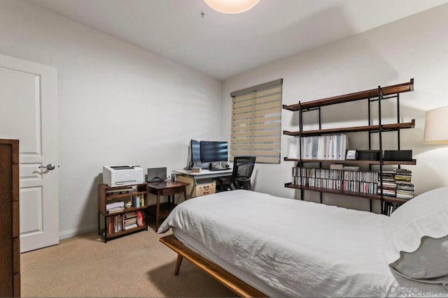 bedroom with light colored carpet