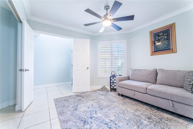 tiled living room featuring crown molding and ceiling fan