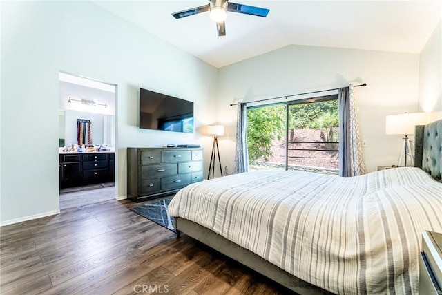 bedroom with ensuite bathroom, ceiling fan, dark hardwood / wood-style floors, and vaulted ceiling