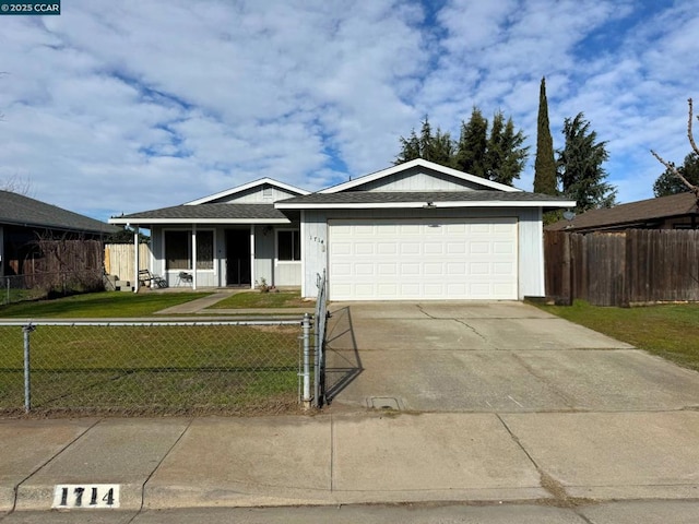 single story home with a garage and a front yard