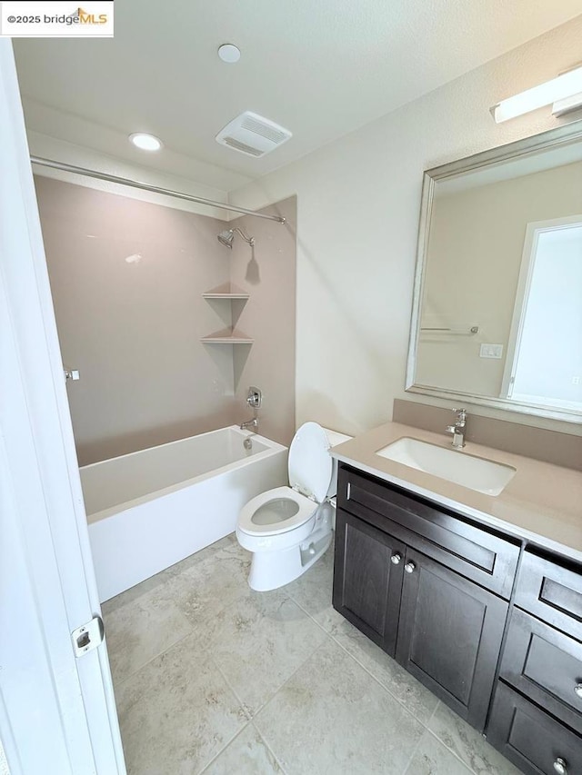 full bathroom with vanity, shower / bathtub combination, and toilet