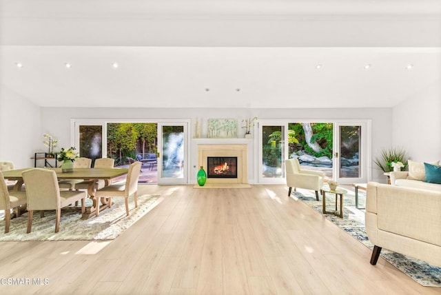 living room featuring lofted ceiling and light hardwood / wood-style floors