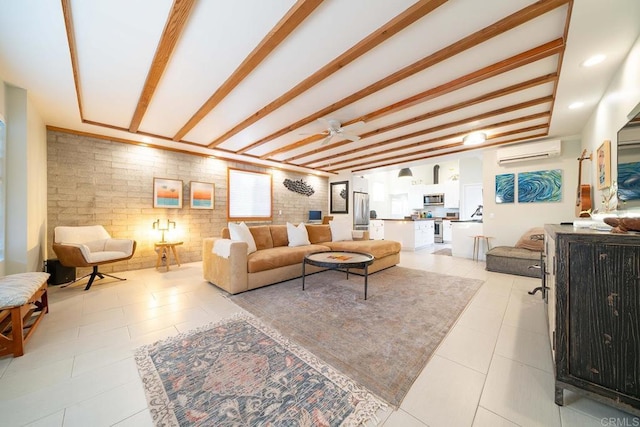 living room featuring an AC wall unit, ceiling fan, brick wall, and beamed ceiling