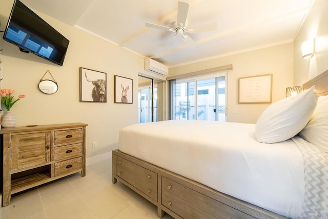 bedroom with access to outside, an AC wall unit, ceiling fan, and light tile patterned flooring