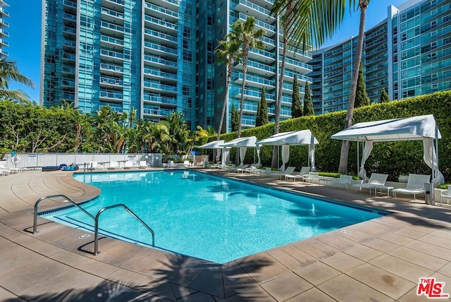 view of swimming pool featuring a patio area