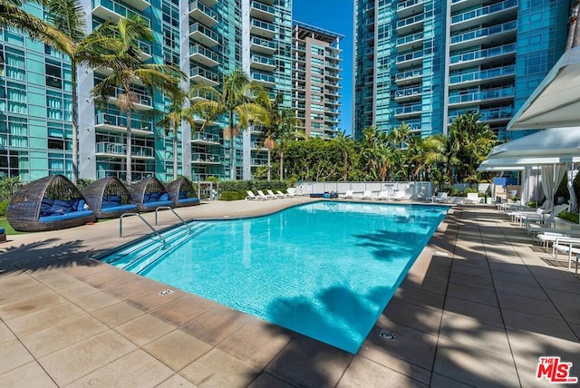 view of swimming pool featuring a patio