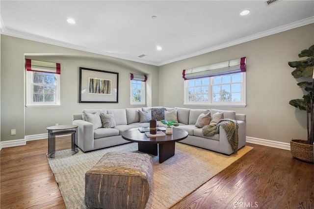 living area featuring dark wood-style floors and ornamental molding