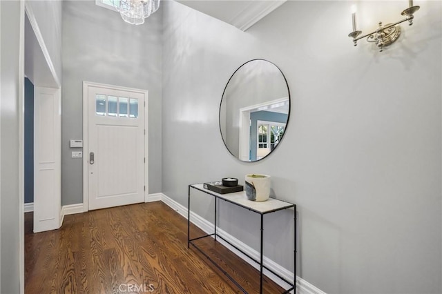 foyer entrance with a high ceiling, dark hardwood / wood-style floors, and a notable chandelier