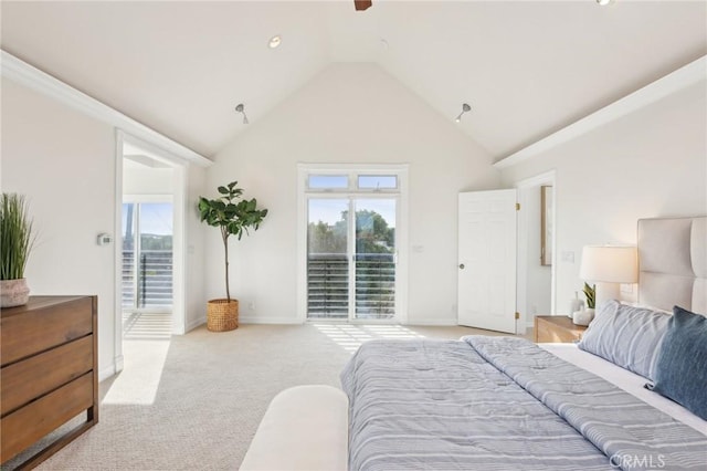 bedroom with multiple windows, light carpet, access to outside, and lofted ceiling