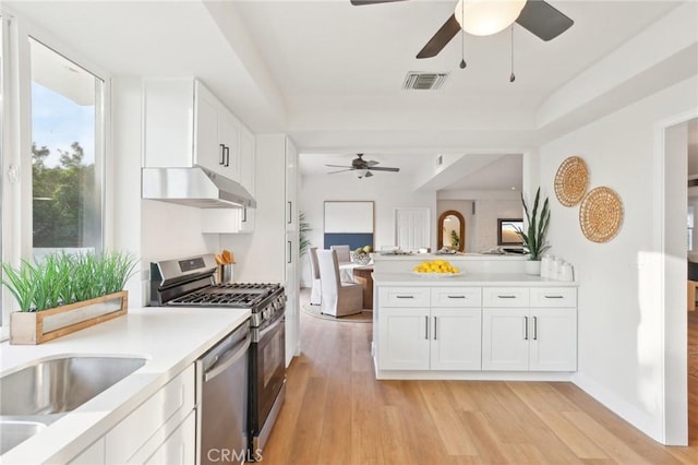 kitchen featuring appliances with stainless steel finishes, white cabinetry, light hardwood / wood-style floors, sink, and ceiling fan