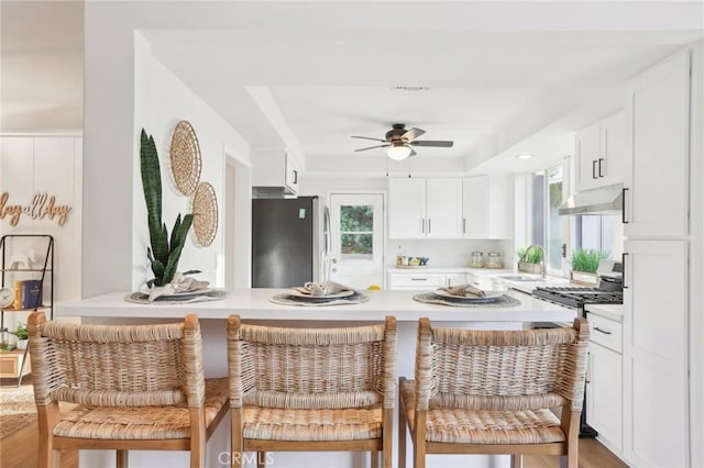 kitchen with ceiling fan, a kitchen bar, white cabinetry, sink, and stainless steel appliances