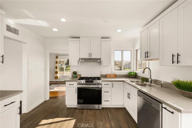 kitchen with appliances with stainless steel finishes, white cabinetry, a wealth of natural light, and sink