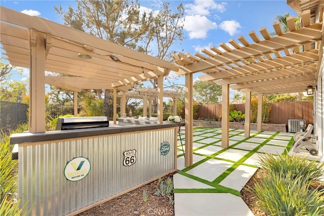 view of patio featuring a pergola and central AC