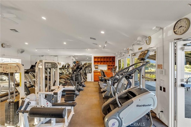 workout area featuring carpet and ceiling fan