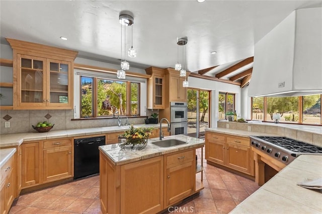 kitchen featuring vaulted ceiling with beams, pendant lighting, stainless steel appliances, and plenty of natural light